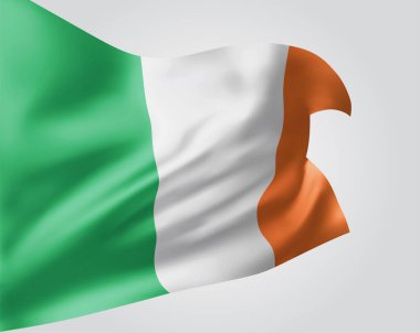 İrlanda, dalgalı vektör bayrağı ve beyaz arka planda rüzgarda dalgalanan kıvrımlar.