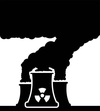 Elektrik santrali boruları gökyüzünü atıkla kirletiyor, beyaz arkaplanda siyah siluet 