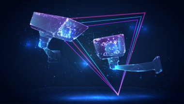 3D dış mekan güvenlik kamerası vektörü. Sanal alanda mavi arka plandaki insanların tanınması.