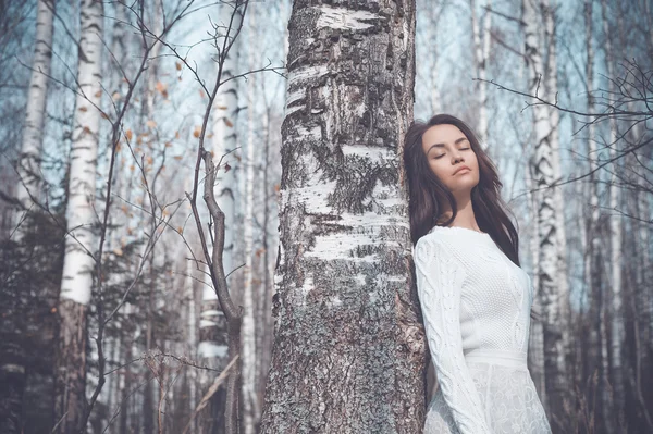 美丽的女人，在白桦林 — 图库照片