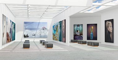 An art gallery with canvas and abstract istallation, 3D illustration clipart