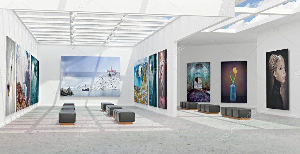 An art gallery with canvas and abstract istallation, 3D illustration