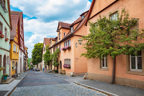ROTHENBURG OB DER TAUBER, GERMANY - CIRCA JULY, 2020: The townscape of Rothenburg ob der Tauber in Bavaria, Germany