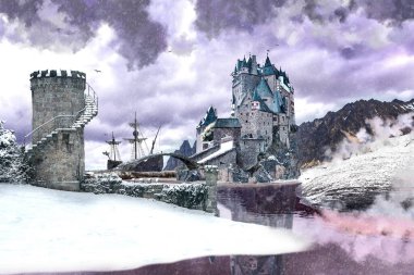 Şatosu ve yelkenlisi olan bir kuzey ülkesinin hayali manzarası.