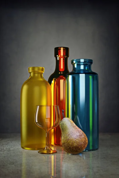 Naturaleza Muerta Con Botellas Peras Frente Fondo Tradicional Canva —  Fotos de Stock