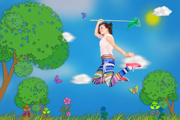 Butterfly hunter in cartoon — Stock Photo, Image