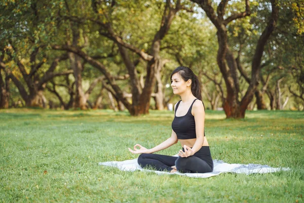 公園の草の上に座って蓮の位置に瞑想若い魅力的な女性 ヨガとハーモニーのコンセプト — ストック写真