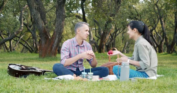 Young Happy Couple Spending Time Together Sitting Grass Picnic Park — Stock Video