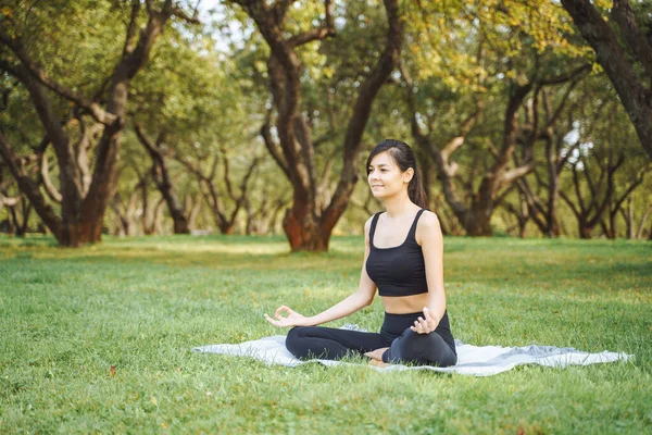 Jovem Mulher Sorridente Meditando Posição Lótus Sentado Grama Parque Conceito — Fotografia de Stock