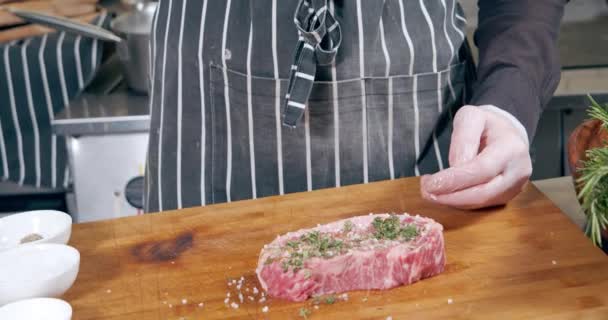 Close-up de mãos de chef masculino em luvas preparando bife de carne marmorizada marinando-o com alecrim, sal e azeite. — Vídeo de Stock