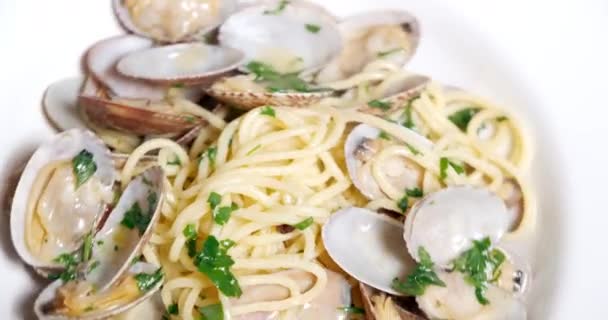 Närbild av en snurrande platta pasta med musslor och örter på en vit bakgrund — Stockvideo