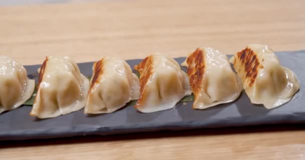 Close-up shot of delicious fried gyoza dumplings on a plate. — Stock Video