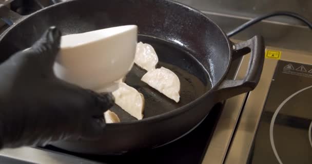 Κοντινό πλάνο των αρσενικών χεριών σεφ σε μαύρα γάντια προετοιμασία νόστιμα ζυμαρικά gyoza σε ένα καυτό τηγάνι — Αρχείο Βίντεο