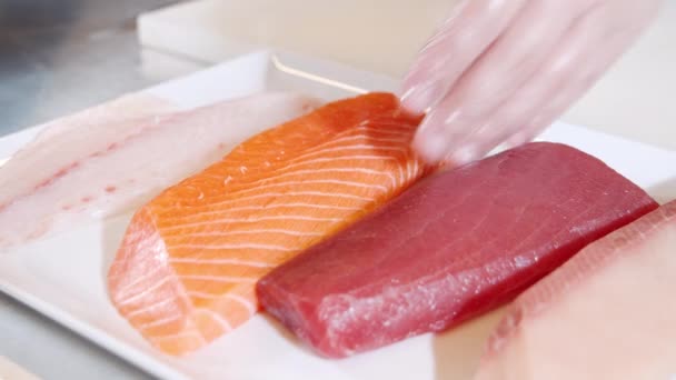 Großaufnahme von Scheiben frischen Fischfilets mit Lachs, Thunfisch, Seedrache und Tintenfisch auf einem Teller. Köche in Handschuhen nehmen Lachsfilet zum Kochen. — Stockvideo