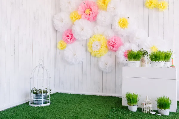 Photo zone in the studio with flowers