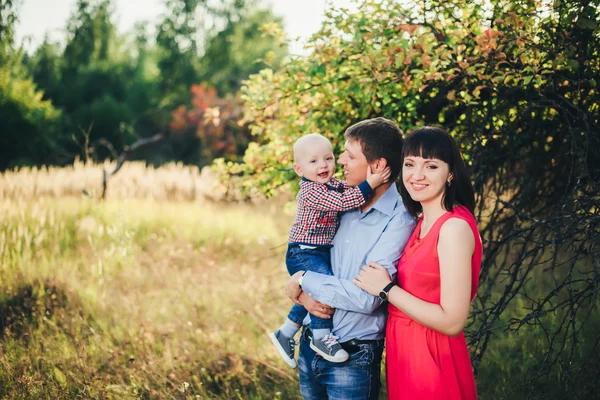 Keluarga yang cukup bahagia untuk berjalan-jalan di taman musim gugur — Stok Foto