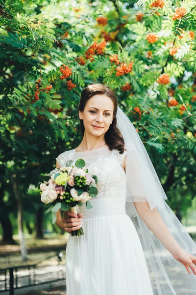 Piękne panny młodej w sukni ślubnej bieli na zewnątrz — Zdjęcie stockowe