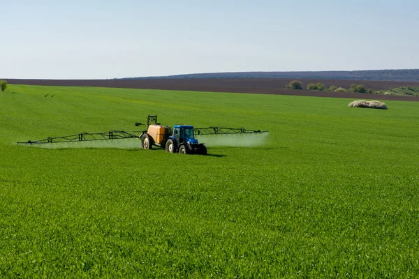 Trator pulverizando pesticida em um campo de trigo — Fotografia de Stock