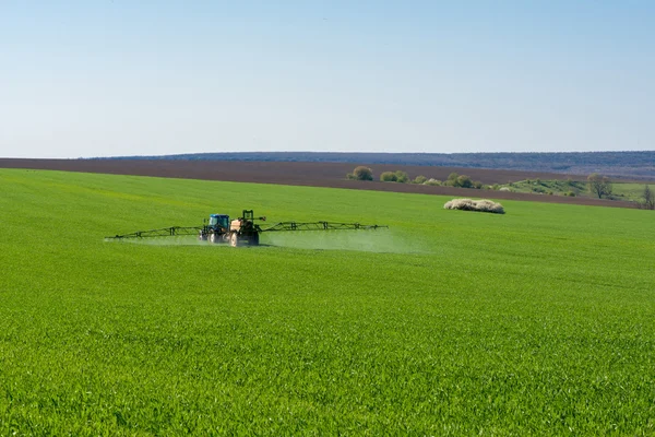 Pesticid postřikující traktor na poli pšenice — Stock fotografie