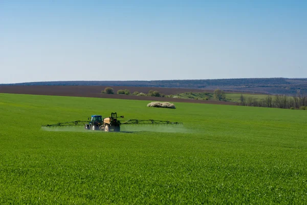 Trator pulverizando pesticida em um campo de trigo — Fotografia de Stock