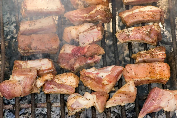 Čerstvé maso a zelenina připravované na grilu. — Stock fotografie