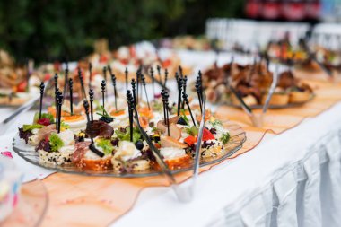 Resepsiyondaki büfe. Masada bir sürü kanepe var. Ziyafet servisi. Yemek, farklı peynir, jambon, salam, prosciutto, karides, sebze ve meyveli atıştırmalıklar. Parti Konsepti. Resepsiyondaki büfe. Konserve çeşitleri