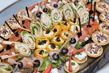 Etkinlik için yemek servisi - farklı et ve peynir çeşitleri hafif arka planda bir tabakta düzenlenmiştir - seçici odaklanma