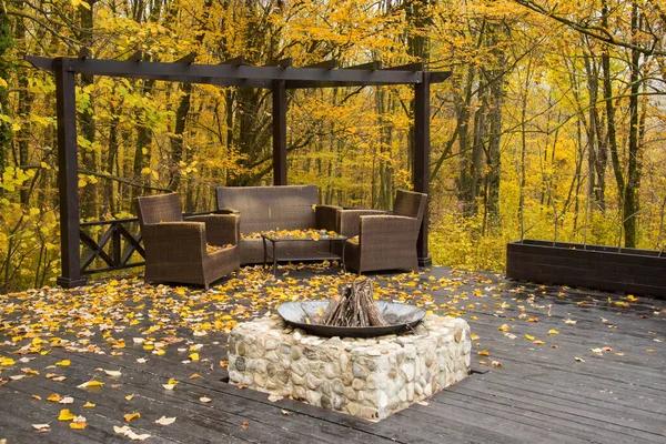 Cozy Autumn Patio Chairs Hearth Firewoods Exterior Backyard Relax Autumn — Stock Photo, Image