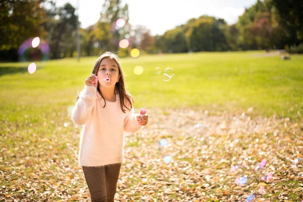 可爱的小女孩，在户外在美丽的秋日吹肥皂泡 — 图库照片