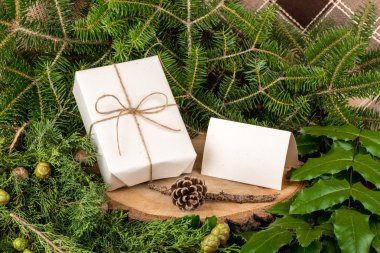 Christmas decoration with fir branches, mistletoe, wood and gifts - copy space