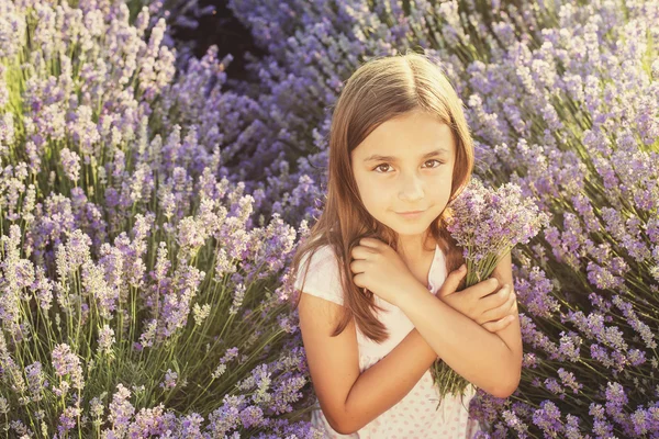 라벤더의 분야에 있는 어린 소녀 — 스톡 사진