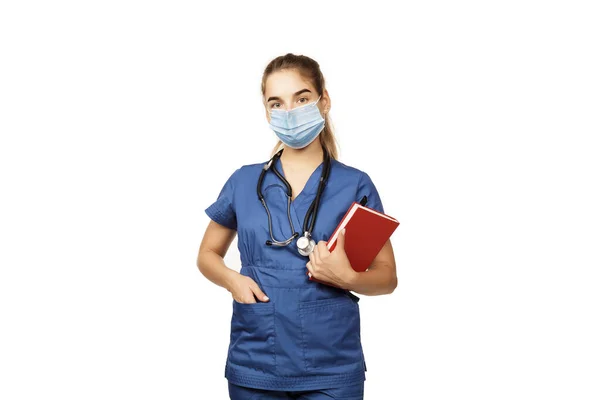 Jeune Belle Femme Médecin Robe Chirurgicale Bleue Avec Stéthoscope Cahier — Photo