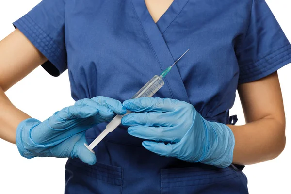 Woman Doctor Blue Gloves Surgical Gown Holds Syringe Drug Her — Stock Photo, Image