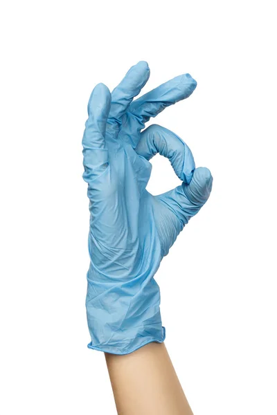 Vrouwelijke Arts Hand Blauwe Chirurgische Medische Handschoen Met Goedkeuring Teken — Stockfoto