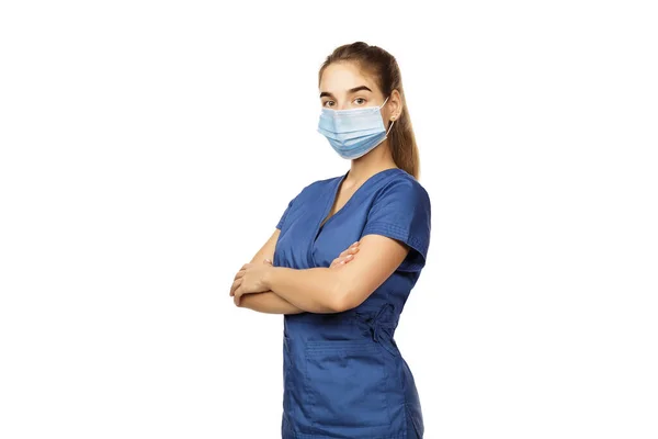 Jeune Belle Femme Médecin Robe Chirurgicale Bleue Masque Médical Jetable — Photo