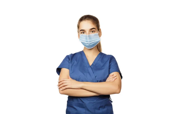 Jeune Belle Femme Médecin Robe Chirurgicale Bleue Masque Médical Jetable — Photo