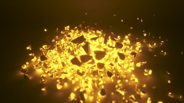 A cube of bright glowing stone shatters into thousands of small pieces in slow motion. Destruction concept — Stock Video