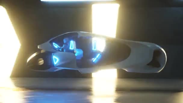 Menerbangkan robot di belakang kemudi mobil futuristik dalam terowongan panjang. Kecerdasan buatan dan konsep masa depan. Tampilan samping loop 3d render mulus. — Stok Video