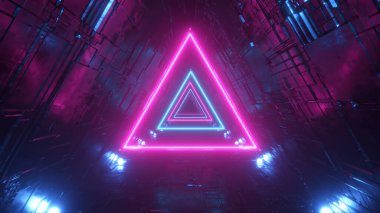 Neon üçgenli bilim kurgu tüneli. Sonsuz uçuş. Modern neon ışıklar. 3d illüstrasyon