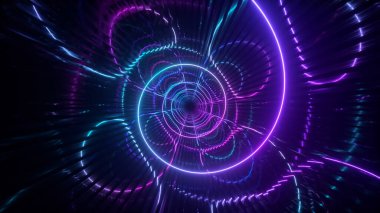 Gradyan neon spiral metal tünel arka planı. Sonsuz uçuş. Modern neon ışıklar. 3d illüstrasyon