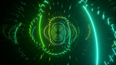 Gradyan neon spiral metal tünel arka planı. Sonsuz uçuş. Modern neon ışıklar. 3d illüstrasyon