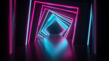 Soyut neon kare tünel teknolojisi. Bitmek bilmeyen kıvrımlı animasyon arka planı. Modern neon ışığı. Parlak neon çizgiler parıldar ve ilerler. 3d illüstrasyon