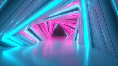 Soyut neon üçgen tünel teknolojisi. Bitmek bilmeyen kıvrımlı animasyon arka planı. Modern neon ışığı. Parlak neon çizgiler parıldar ve ilerler. 3d illüstrasyon