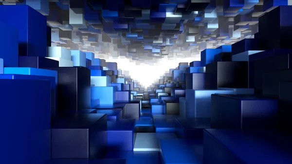 Abstraktní Geometrický Tunel Modrých Kostek Náhodným Pohybem Ilustrace — Stock fotografie