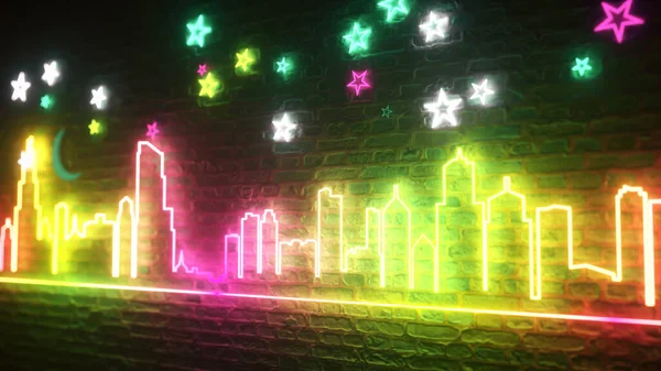 Shimmering Neon Nocne Miasto Pod Murem Cegły Gwiazd Księżyca Koncepcja — Zdjęcie stockowe
