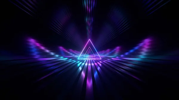 Sci Tunel Neonovými Trojúhelníky Nekonečný Let Vpřed Moderní Neonové Osvětlení — Stock fotografie