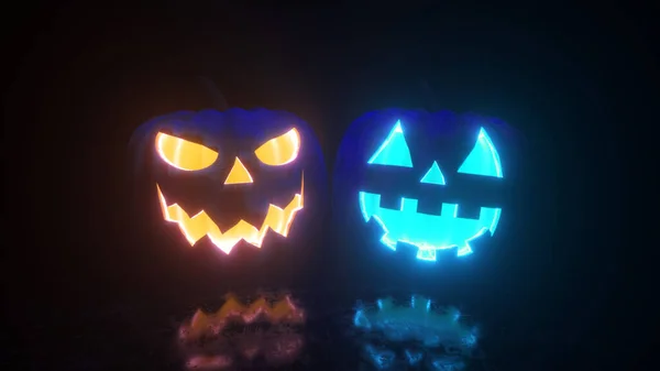 Halloween Duas Abóboras Com Rosto Assustador Brilham Por Dentro Duas — Fotografia de Stock