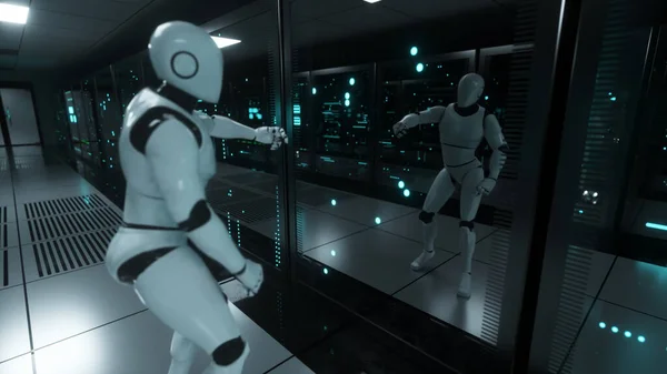 服务器房间里的跳舞机器人用倒影的眼光看待自己 数据中心服务器室玻璃面板后面的数据服务器 3D说明 — 图库照片