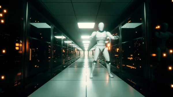 Ρομπότ Που Χορεύουν Στο Δωμάτιο Του Σέρβερ Διακομιστές Δεδομένων Πίσω — Φωτογραφία Αρχείου
