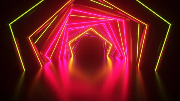 Abstract neon hexagon tunnel technological. Endless swirling animated background. Modern neon light. Bright neon lines sparkle and move forward. 3d illustration